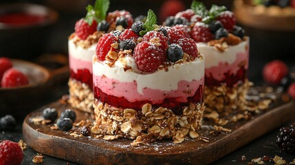 Delicious layered dessert with raspberry, blueberry, cream, and granola on wooden board in warm lighting