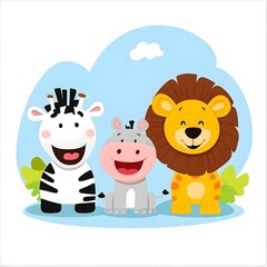 Fototapeta premium Playful and colorful cartoon depiction of a zebra hippo lion and giraffe roaming in a lush natural savanna setting with a bright blue sky and fluffy clouds
