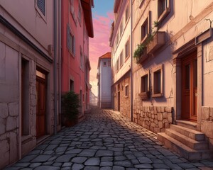 Fototapeta premium Twilight descends on a quiet cobblestone street, soft light enhances texture - cobblestone Twilight quiet shadows soft