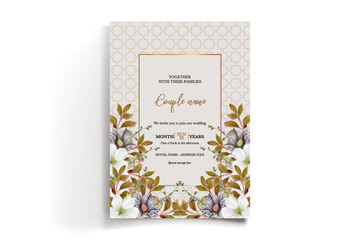 WEDDING INVITATION FRAME WITH FLOWER DECORATIONS AND FRESH LEAVES