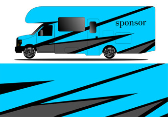 Vibrant blue and black patterned vehicle design showcasing a modern camper van with sleek lines