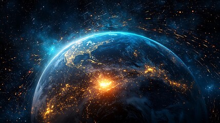 Obraz premium Earth at night with city lights and glowing streaks.