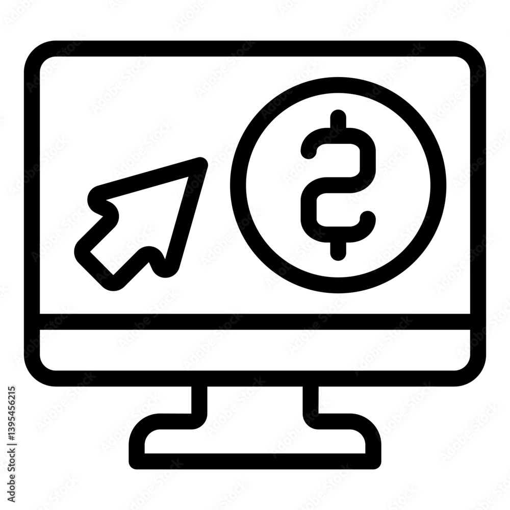 Poster display with coin and cursor line icon, online banking concept. vector graphics. monitor with coin a