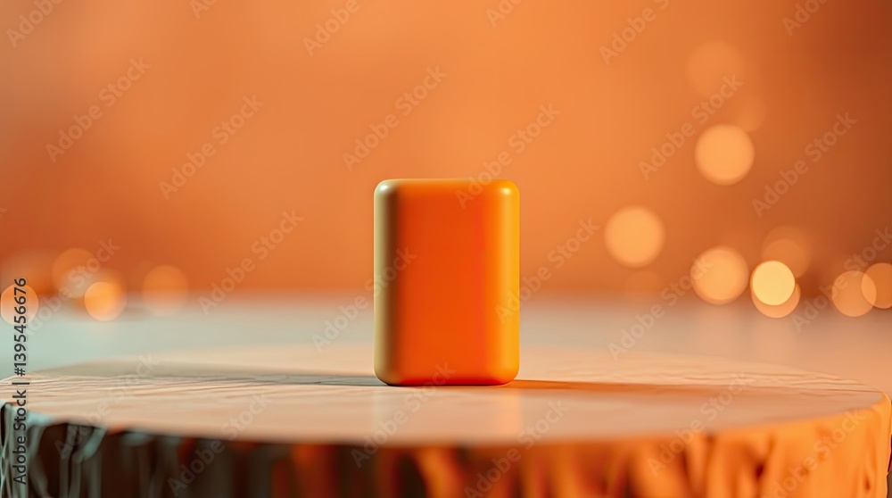 Poster an orange block is centered on a wooden table for display