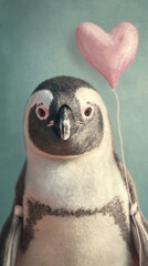Naklejka premium Close-up of a penguin chick with a pink heart-shaped balloon, soft fur texture, symbolizing Valentine's Day, love, and tenderness