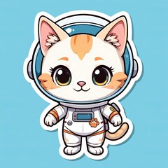 Kids sticker cute cartoon astronaut cat in a spacesuit,,on solid sky blue color background