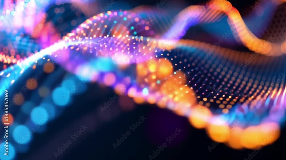 Poster colorful abstract wave pattern with glowing dots and lines digital technology and data visualization