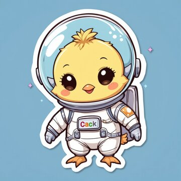 Naklejki Kids sticker cute cartoon chick astronaut,on solid sky blue color background