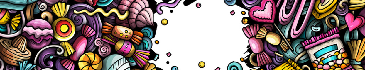 Cartoon doodle Candies banner template. Funny Sweet food colorful background design
