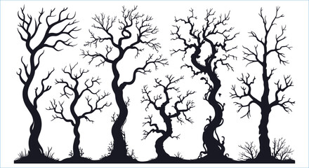 Twisted scary leafless trees silhouettes for Halloween vector design