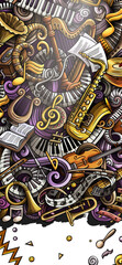 Classic Music hand drawn doodle banner. Cartoon detailed flyer. Musical identity with objects and symbols. Color design elements background