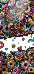 Donuts hand drawn doodle banner. Cartoon detailed illustrations. Sweet food identity with objects and symbols. Color design elements background