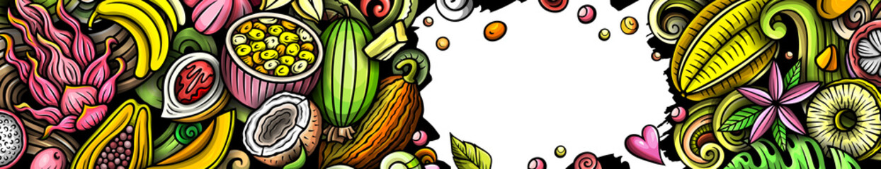 Cartoon doodle Tropical Fruits banner background. Funny natural food colorful illustration.