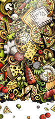 Obraz premium Pizza hand drawn doodle banner. Cartoon detailed flyer. Illustration with pizzeria objects and symbols. Colorful vertical background