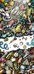Sports hand drawn doodle banner. Cartoon detailed flyer. Athletic identity with objects and symbols. Color design elements background