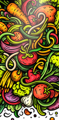 Vegetables cartoon doodle background. Veggies banner design. Nature elements and objects illustration. Bright colors funny picture.