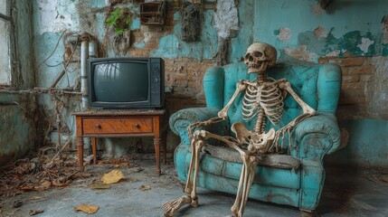 Skeleton relaxing in abandoned room with vintage tv urban decay