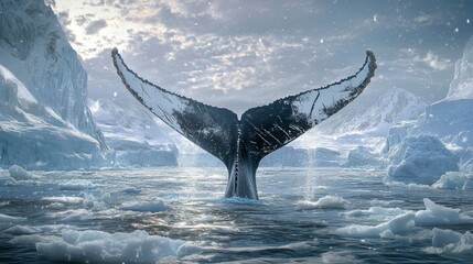 Fototapeta premium Whale's tail fluke emerges from icy Antarctic waters, showcasing majestic power and beauty against a dramatic landscape.