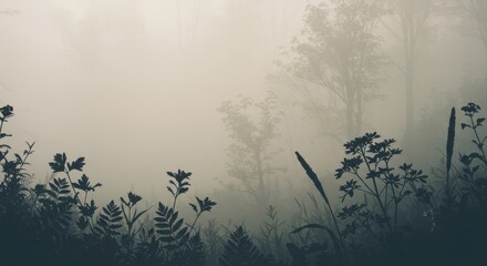 Misty forest landscape with silhouettes of plants and trees in the background