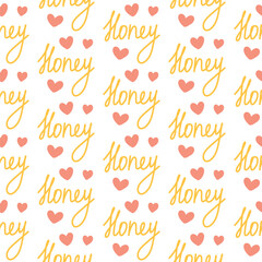 Sweet seamless vector pattern with 'Honey' lettering and honeycomb motifs. Perfect for packaging, branding, fabric, and spring-themed designs. Modern doodle style, vibrant and versatile 