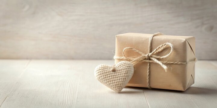 Rustic gift package tied with twine and a small heart-shaped decoration on a wooden surface
