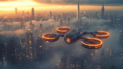 aerial drone hovering over a futuristic cityscape at sunset offering a glimpse into technological advancements and metropolitan expansion