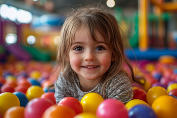 Fototapeta premium Generative AI image of a cute child playing in colorful ball pit at fun children playground party