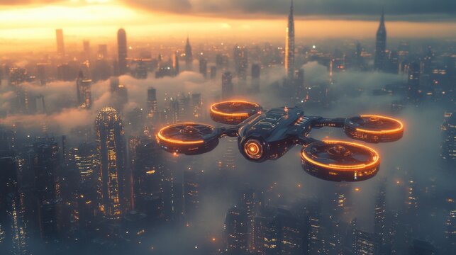 aerial drone hovering over a futuristic cityscape at sunset offering a glimpse into technological advancements and metropolitan expansion