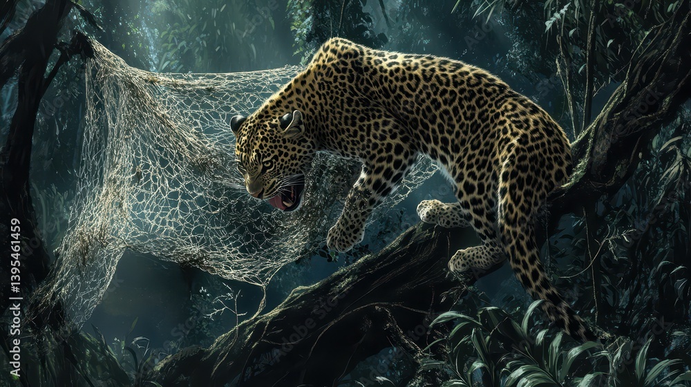Poster a spotted cat perched in the jungle tree branches with netting