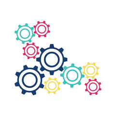 Colorful gears vector illustration design in a flat style. Colors: blue, yellow, red, and turquoise. 