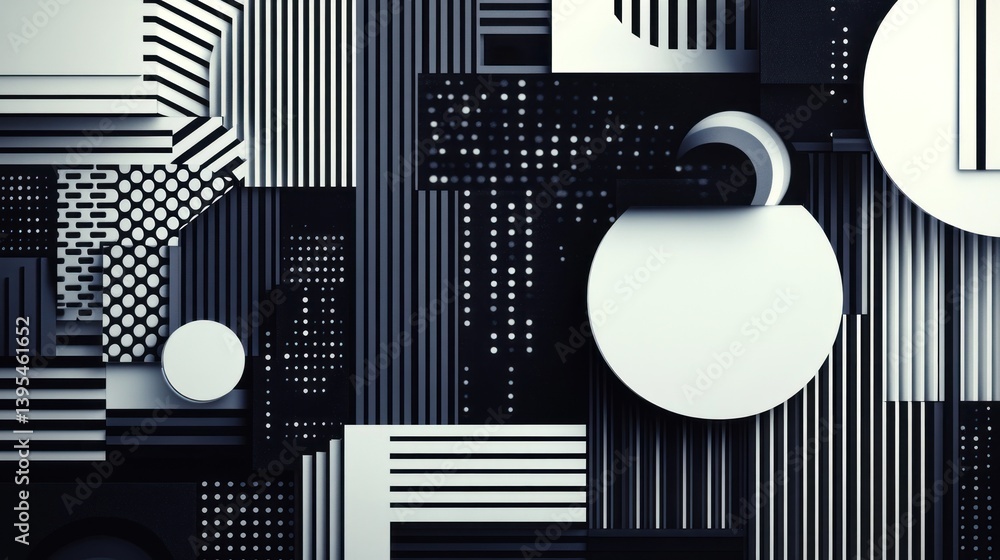 Poster monochromatic geometric arrangement creating intricate patterns and contrasts with textures and dept