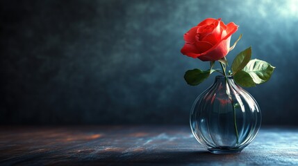 romantic red rose in a transparent vase on a rustic wooden surface against a dark and subtly textured background conveying sentiments