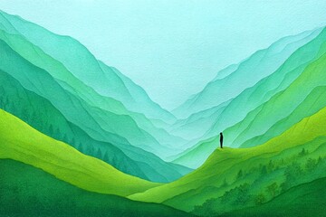 Obraz premium A watercolor painting of a person hiking through a misty valley with soft light and green hills