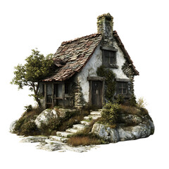 3D abandoned ruined old village house isolated in white background