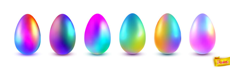 A collection of six holographic Easter eggs in vibrant, glossy gradient colors. Realistic 3D rendering with soft shadows on white background. Perfect for holiday designs and decor