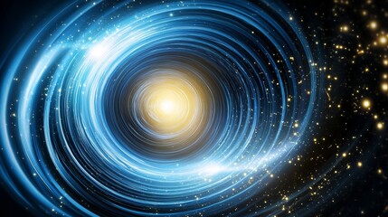 Spiritual soul vibration. A swirling vortex of blue light and stars, radiating warmth from a central bright glow, evoking a sense of cosmic wonder and mystery.