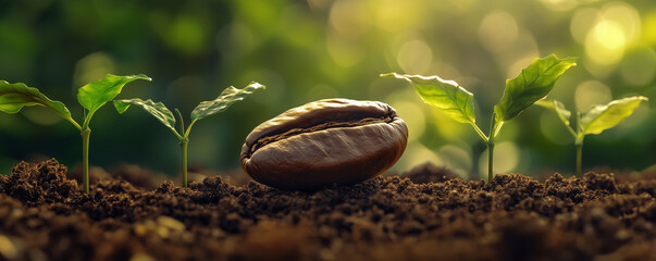 giant coffee bean close-up growing in soil with coffee plant seedlings, perfect for agricultural themes, sustainability concepts, and coffee-related branding