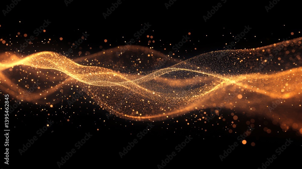 Poster abstract golden wave design illuminated with sparkling particle flow on dark background generating a