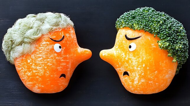 Unhealthy carrots versus healthy broccoli in a funny food fight.