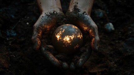 Muddy hands cup a glowing sphere, symbolizing earth, energy and nature's power.