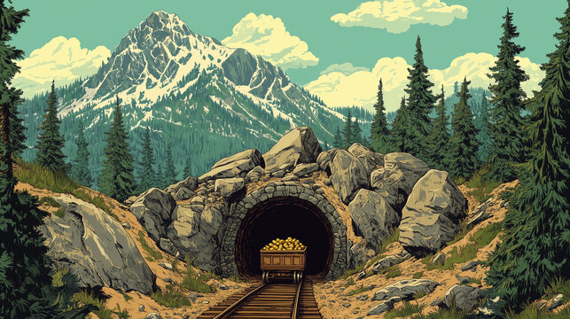 old gold mine entrance in the mountains with a cart full of gold nuggets on rails, perfect for historical illustrations, adventure-themed games, books, or educational content about mining and explorat