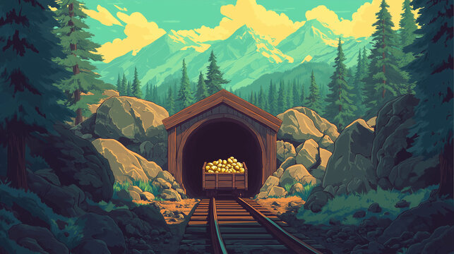 old gold mine entrance in the mountains with a cart full of gold nuggets on rails, perfect for historical illustrations, adventure-themed games, books, or educational content about mining and explorat