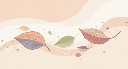 Colorful autumn leaves gracefully floating on a soft pastel background, creating a serene ambiance