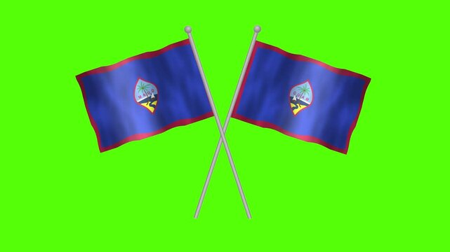 Flag of Guam, Cross table flag of Guam on Green screen chroma key, Guam 3D Animation flag waving in the wind isolated on Green Background. 
