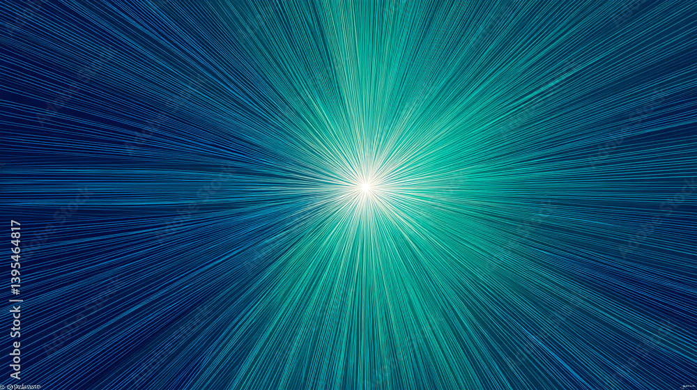 Poster abstract teal and blue lines radiating from a central point, creating a burst of light effect. symbo