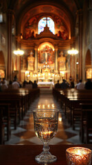 A single goblet of wine sits on a wooden table in a dimly lit church sanctuary du a religious service with congregants seated in pews.