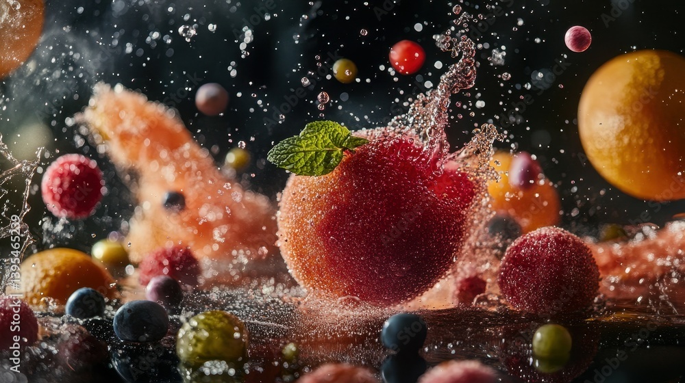 Aufkleber refreshing colorful fruits splashed with water create a dynamic composition