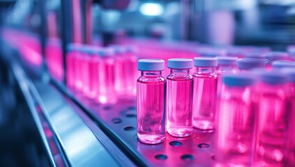 Photo of pink glowing liquid in vials on an advanced production line, wide shot.