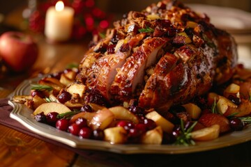 Tender roasted pork loin filled with apple, cranberry, and spice stuffing for a flavorful meal