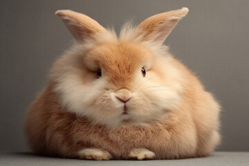 Fluffy light brown rabbit sitting on gray background, showcasing soft fur texture and adorable features, symbolizing gentleness and Easter